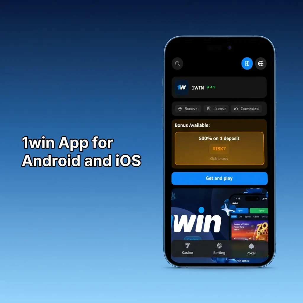 1win mobile app interface showing sportsbook and casino options on Android and iOS devices