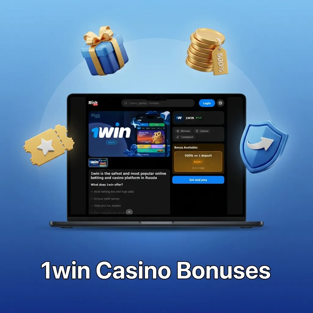 1win Casino promotional graphic showing welcome bonuses, reload offers, cashback rewards, and free spins for players