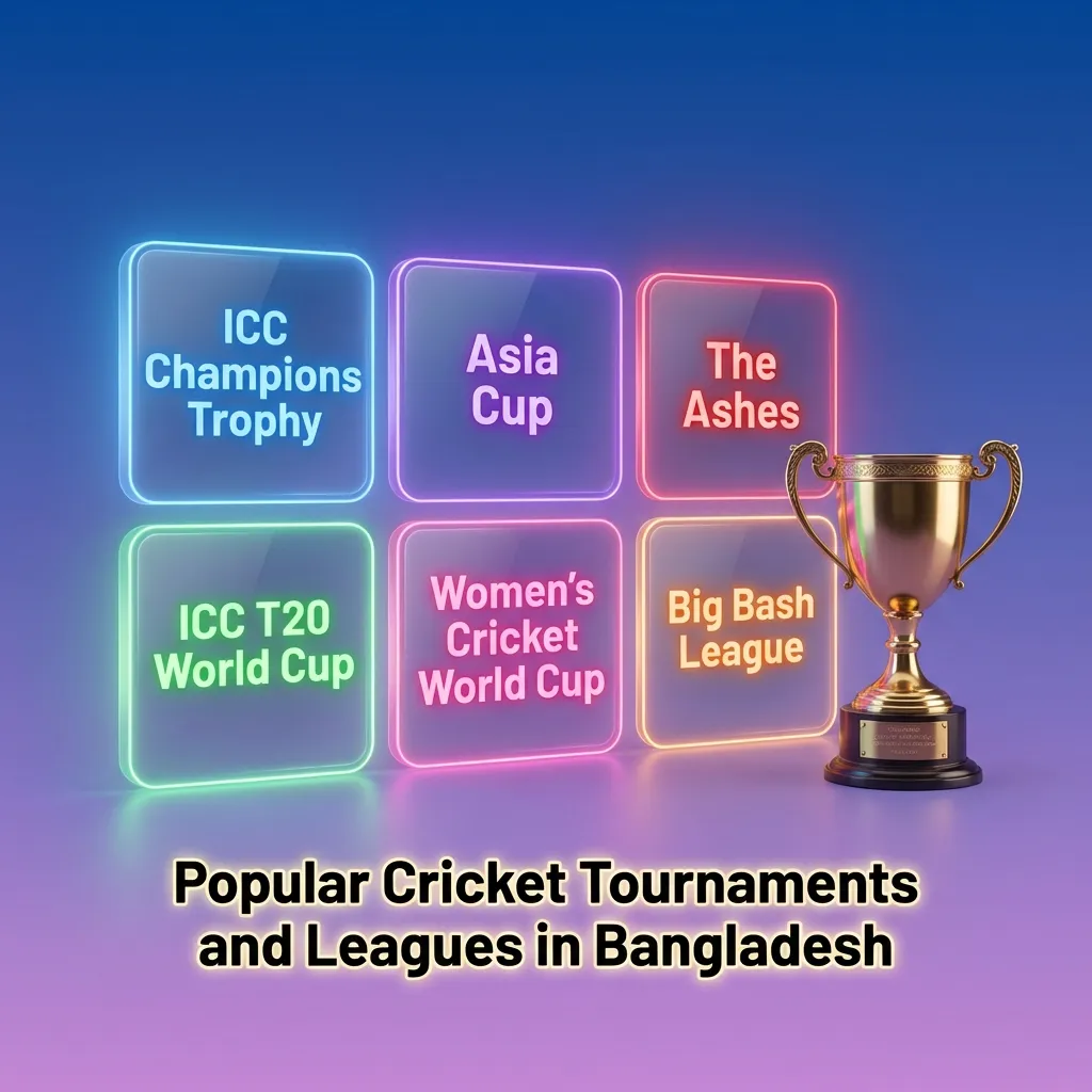 Cricket stadium with players competing in major tournaments including World Cup, IPL, Ashes, and Bangladesh Premier League