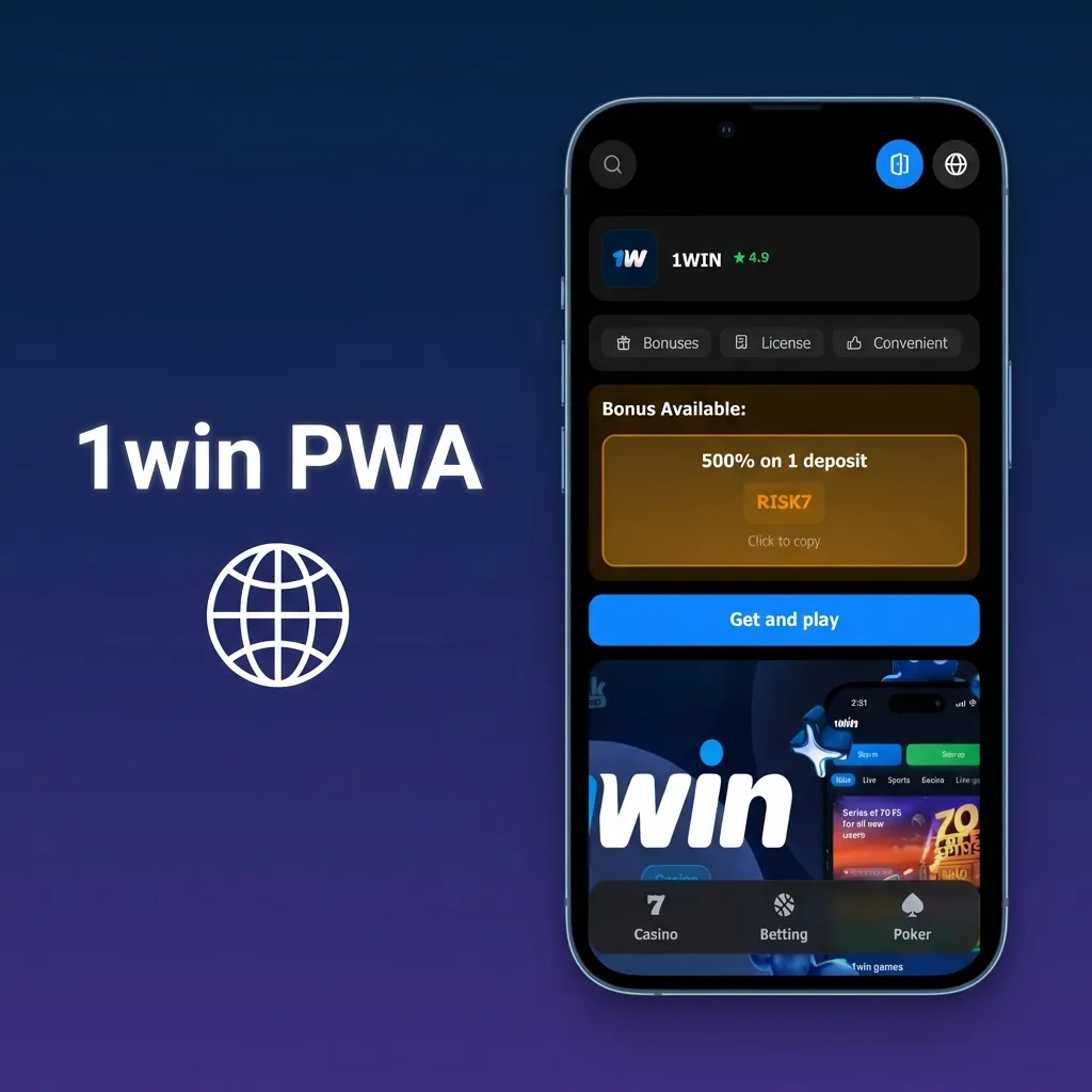 1win Progressive Web App interface on smartphone showing sportsbook and casino features with instant browser access