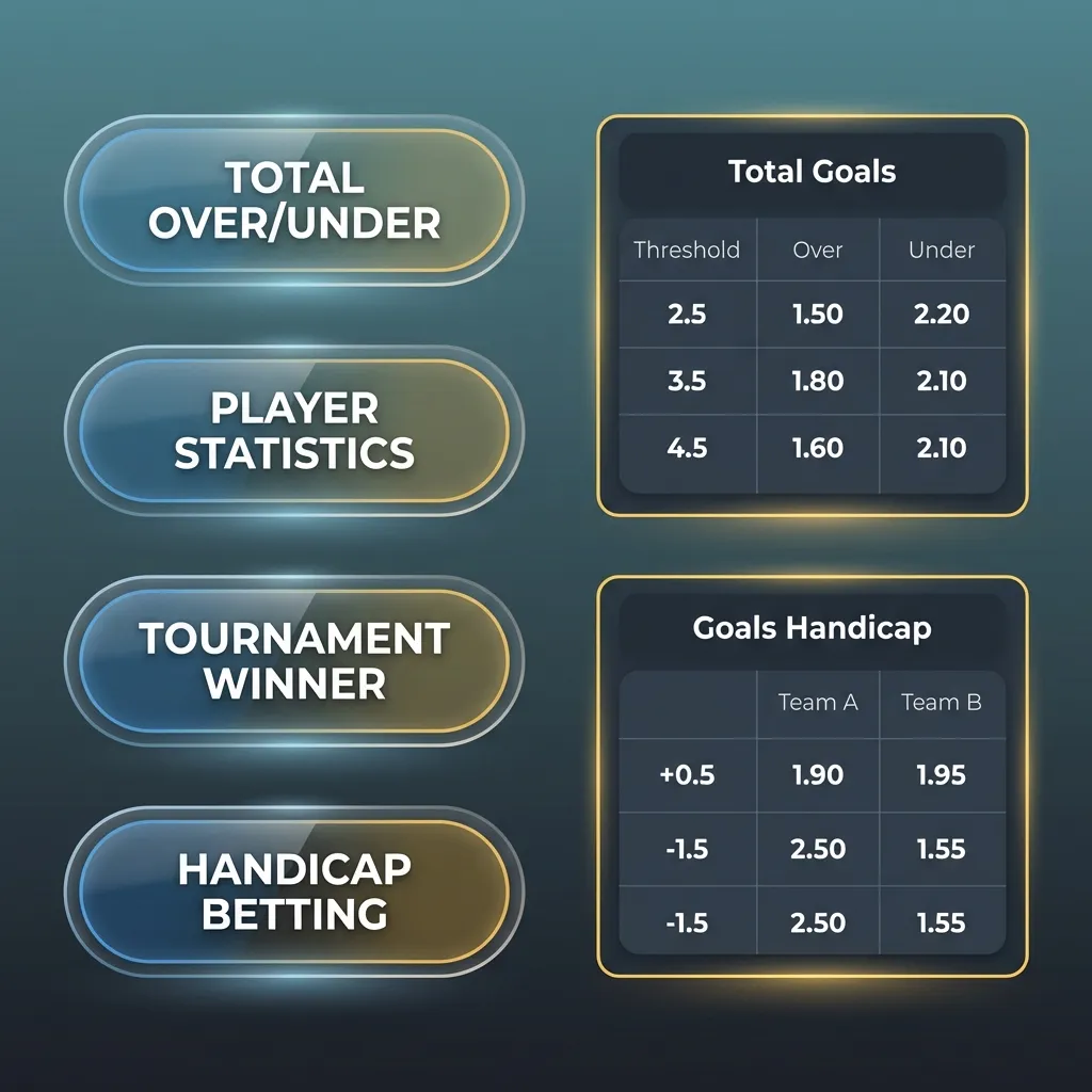 Infographic showing eight types of sports bets including moneyline, point spread, totals, parlays, teasers, props, futures, and live betting