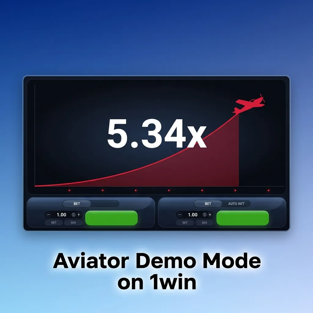 Aviator demo mode interface on 1win showing virtual credits, multiplier display, and betting controls for risk-free practice