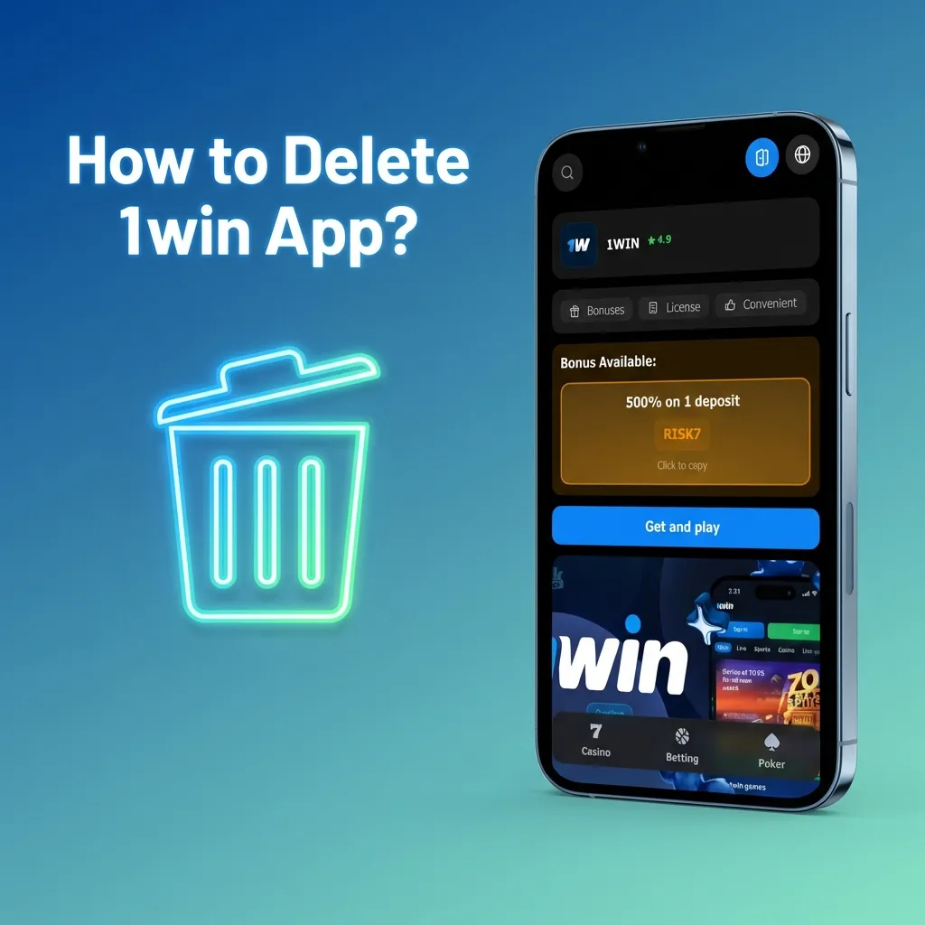 Person uninstalling 1win betting app from smartphone home screen by long-pressing icon and selecting delete option