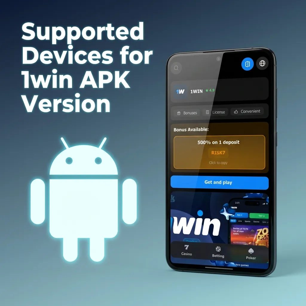 Table showing compatible Android device brands and models for 1win APK, including Samsung, Sony, Huawei, OnePlus, and others.